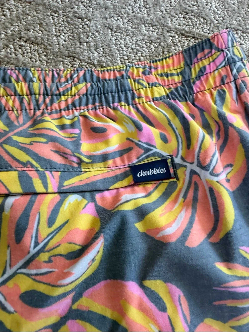 Chubbies Gray Swim Shorts with Pink & Yellow Tropical Print